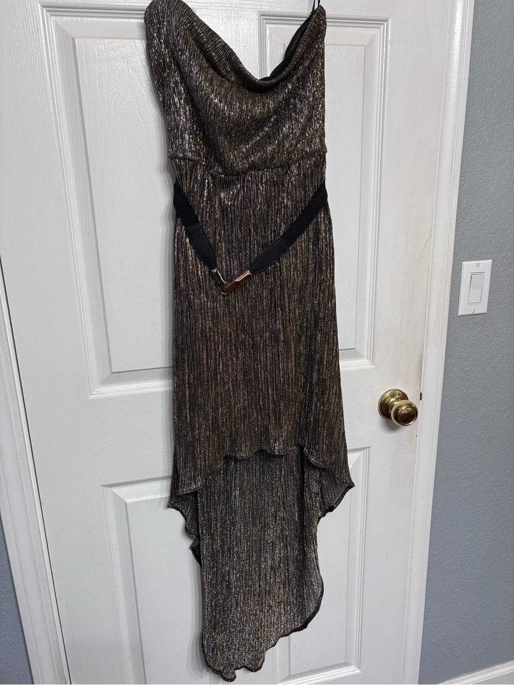 bebe Metallic Bronze-Gold High-Low Evening Dress